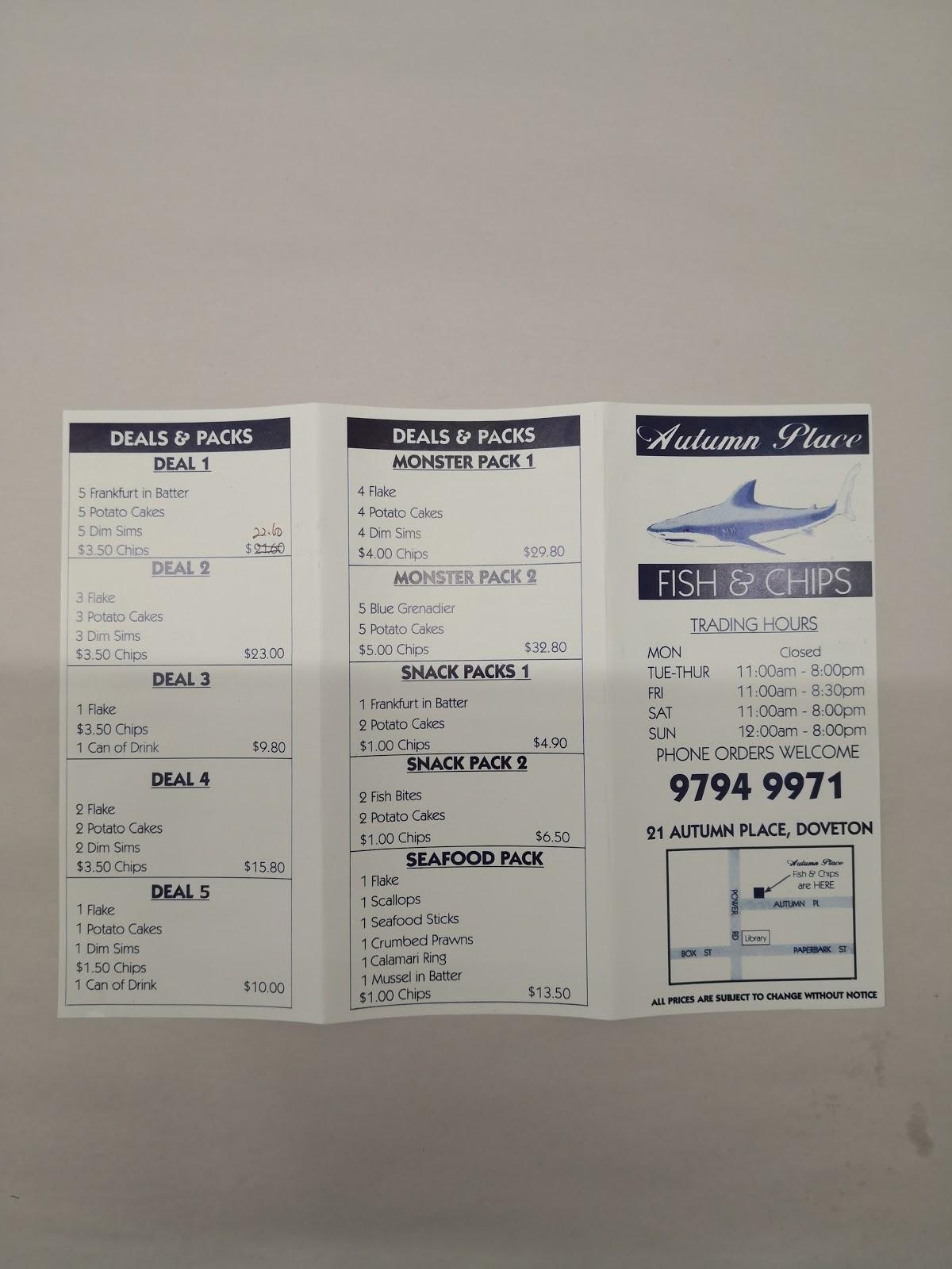 Menu at Autumn Place Fish & Chips fast food, Doveton