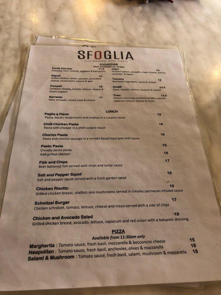 Menu at Sfoglia Patisserie & Cafe, Dickson