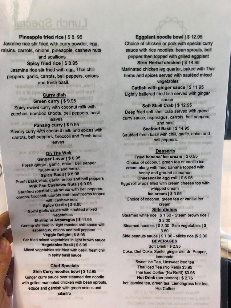 Menu at Sirin Thai SC restaurant, Greenville