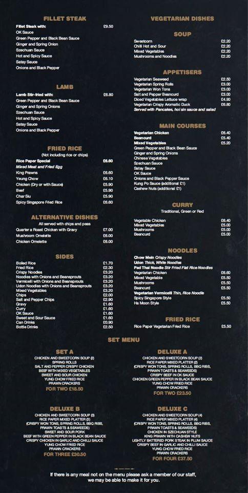 Menu at Rice Paper Cantonese Restaurants & Takeaway, Leeds