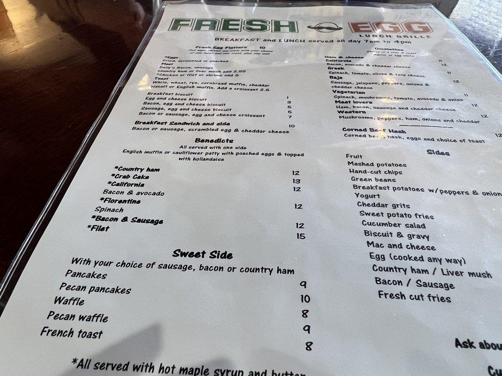 Menu at The Fresh Egg restaurant, Cornelius