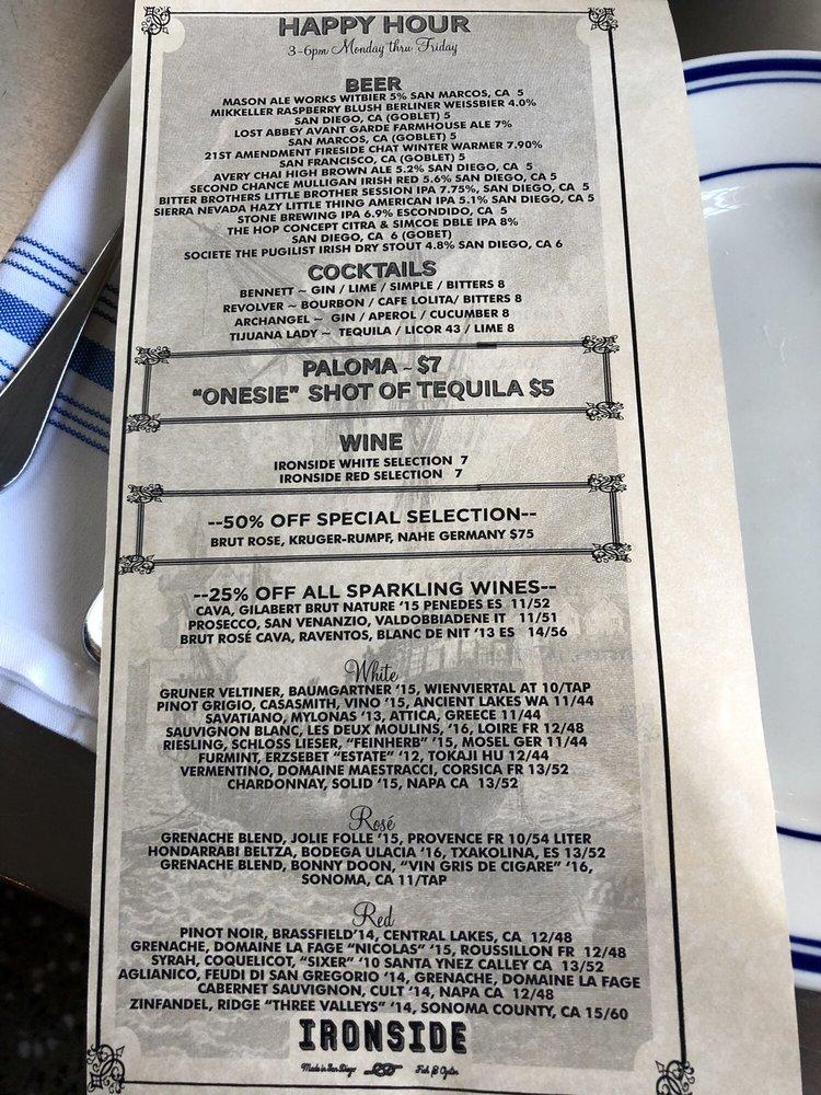 Menu at Ironside Fish & Oyster restaurant, San Diego, India St