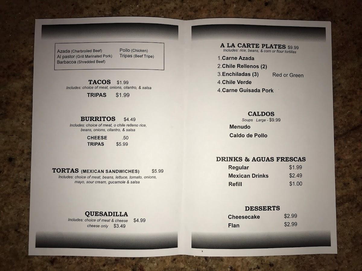 Menu at Los Tacos restaurant, Lubbock