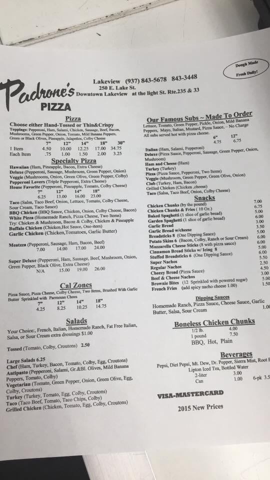 Menu at Padrones Pizza pizzeria, Lakeview