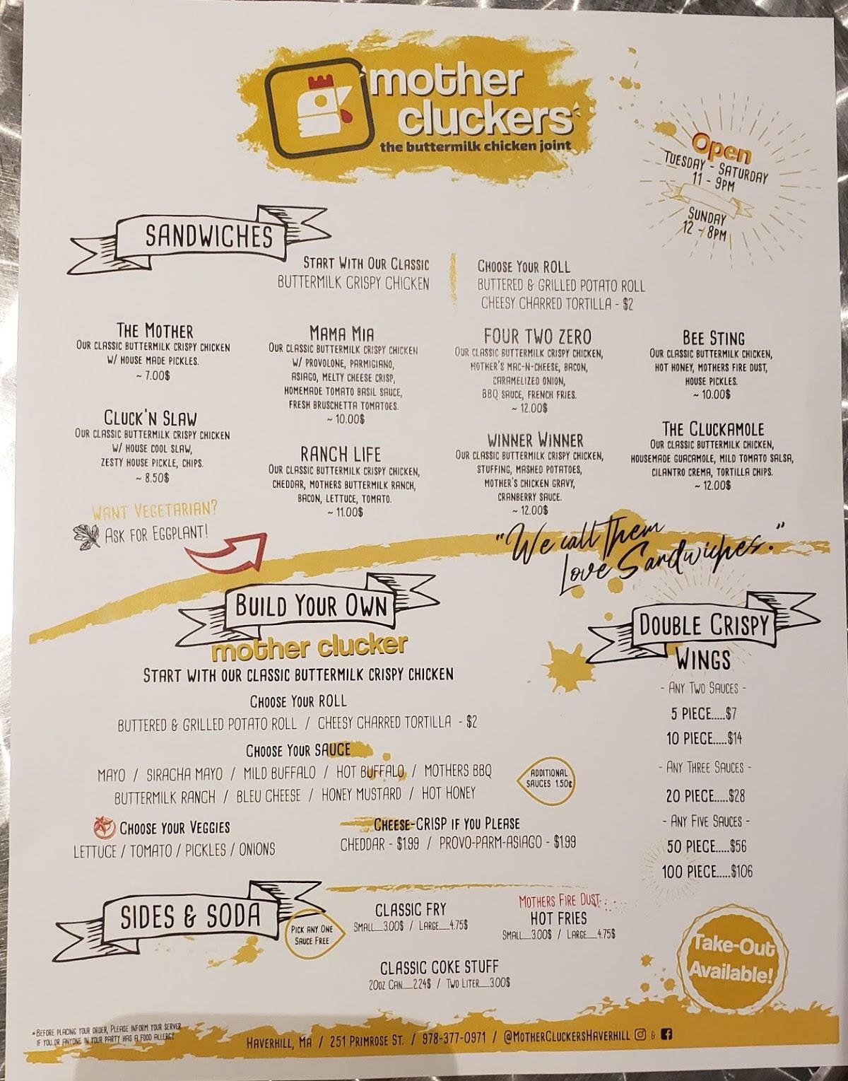 Menu at Mother Cluckers restaurant, Haverhill
