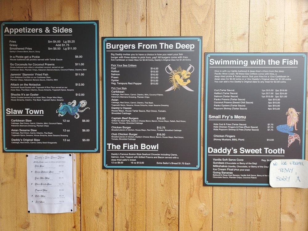 Menu at Big Daddy's Fish Fry fast food, Tofino