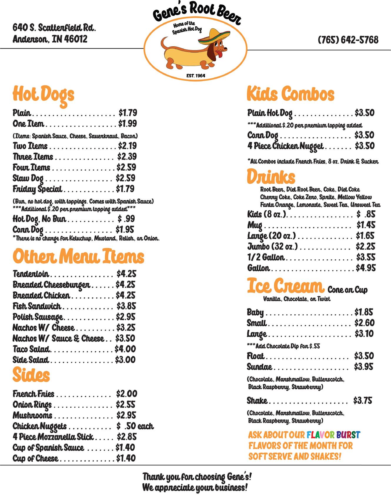 Menu at Gene's Root Beer and Hot Dogs fast food, Anderson
