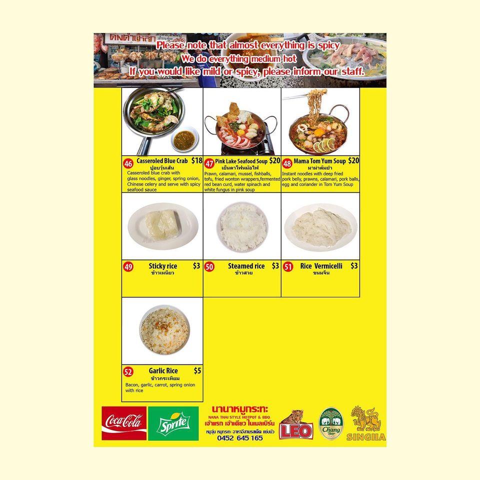 Menu at Nana Thai restaurant, Melbourne