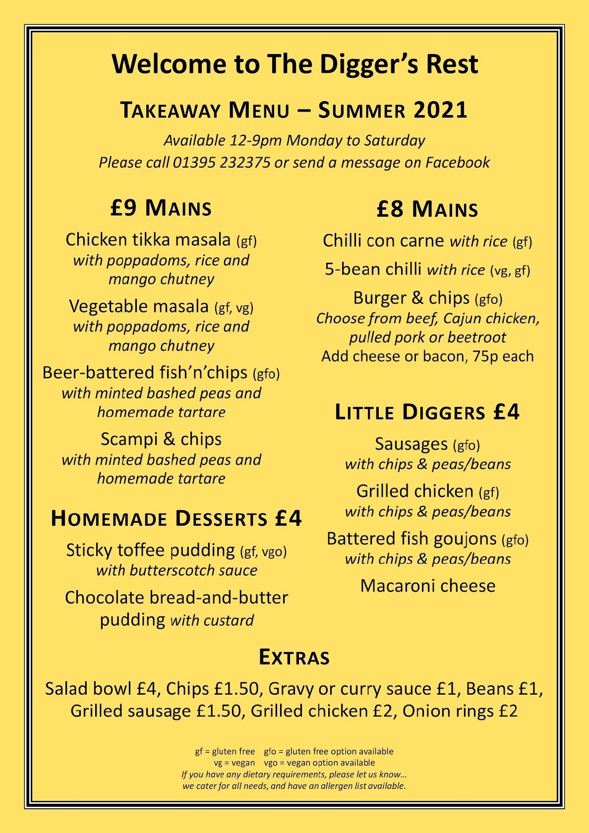 Menu at The Diggers Rest pub & bar, Clyst Saint Mary
