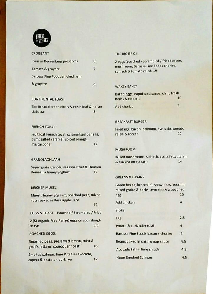 Menu at Bricks & Stones Cafe, Unley