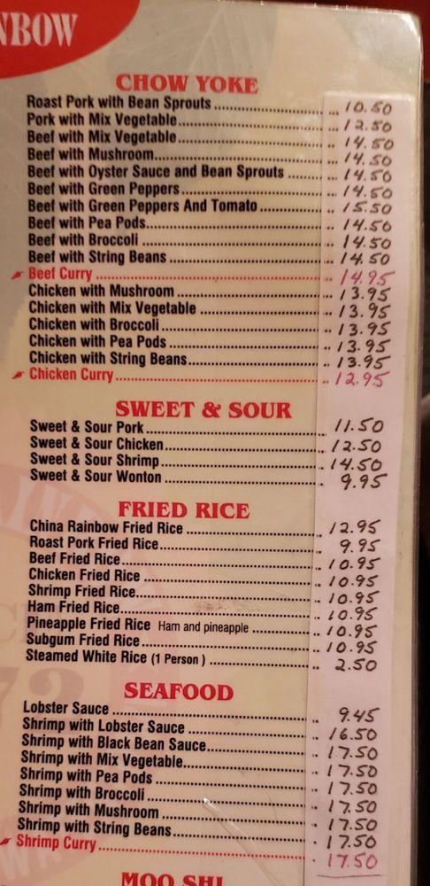 Menu at China Rainbow restaurant, Watertown