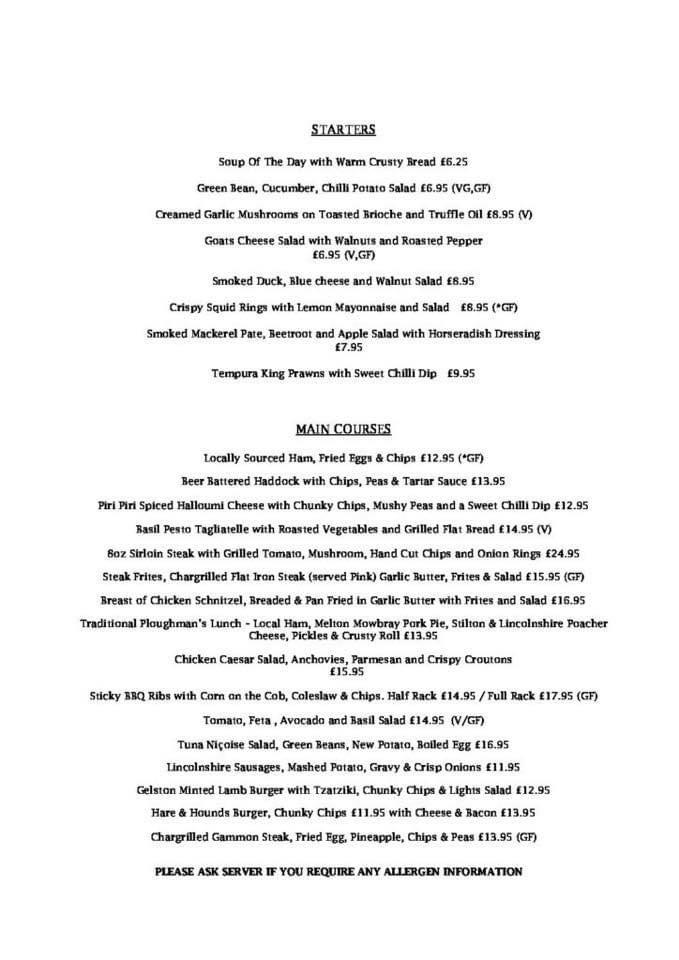 Menu At The Hare And Hounds Fulbeck Pub & Bar, Caythorpe