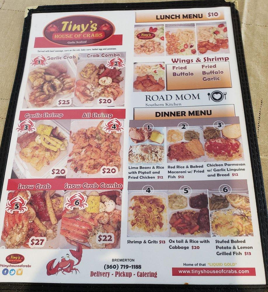 Menu at Tiny's House of Crabs steakhouse, Bremerton