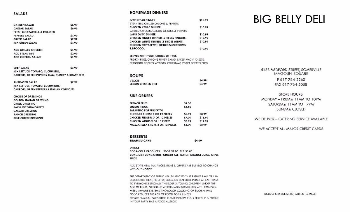 Menu at Big Belly Deli restaurant, Somerville