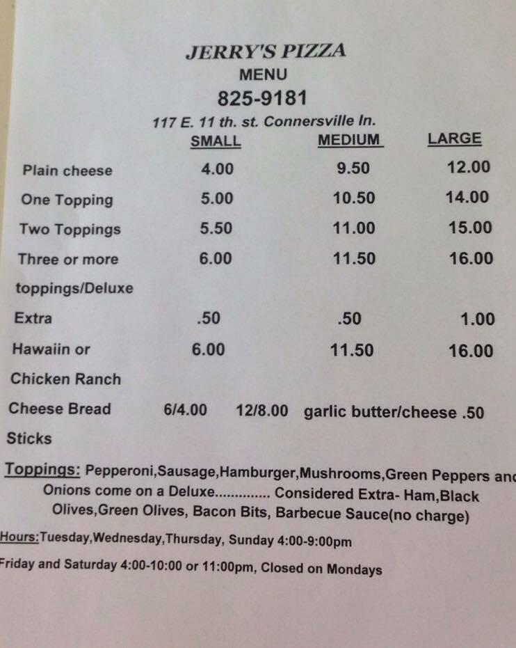 Menu at Jerry's Pizza pizzeria, Connersville