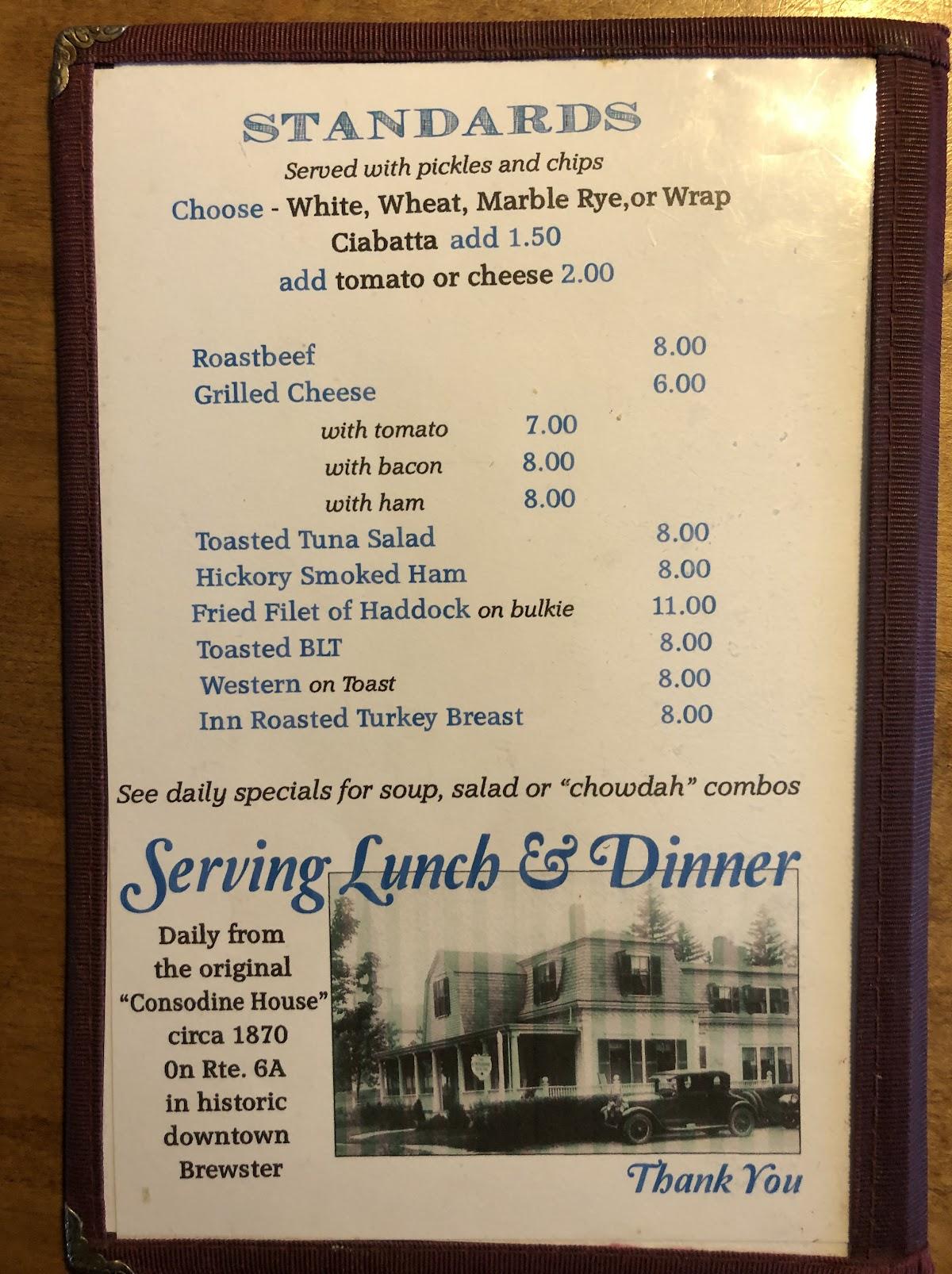 Menu at Brewster Inn & Chowder House restaurant, Brewster