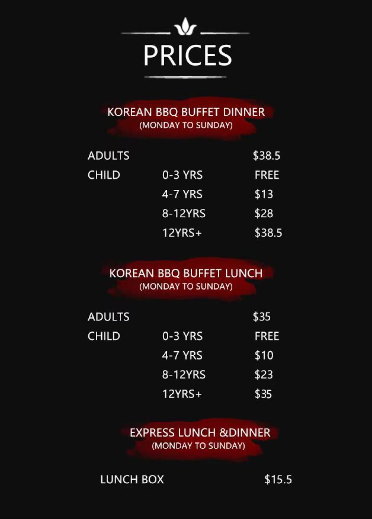 Menu at Fantasy Korean BBQ, Auckland