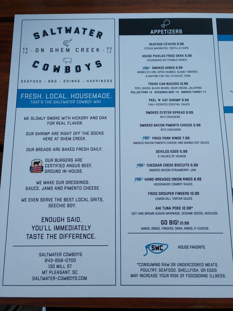 Menu at Saltwater Cowboys BBQ, Mount Pleasant