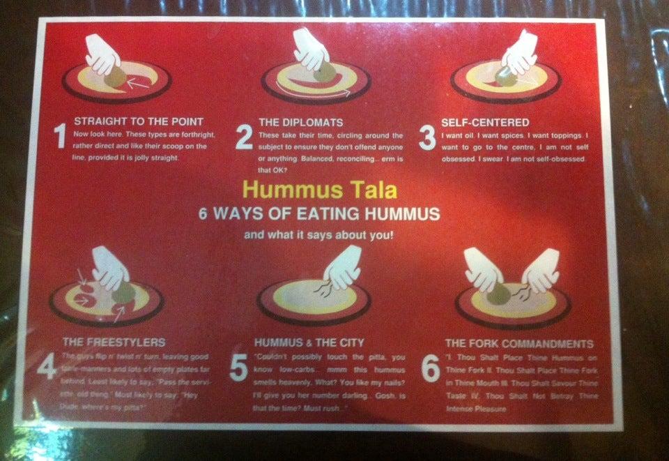 Menu at Tala Hummus and Falafel restaurant, Jerusalem