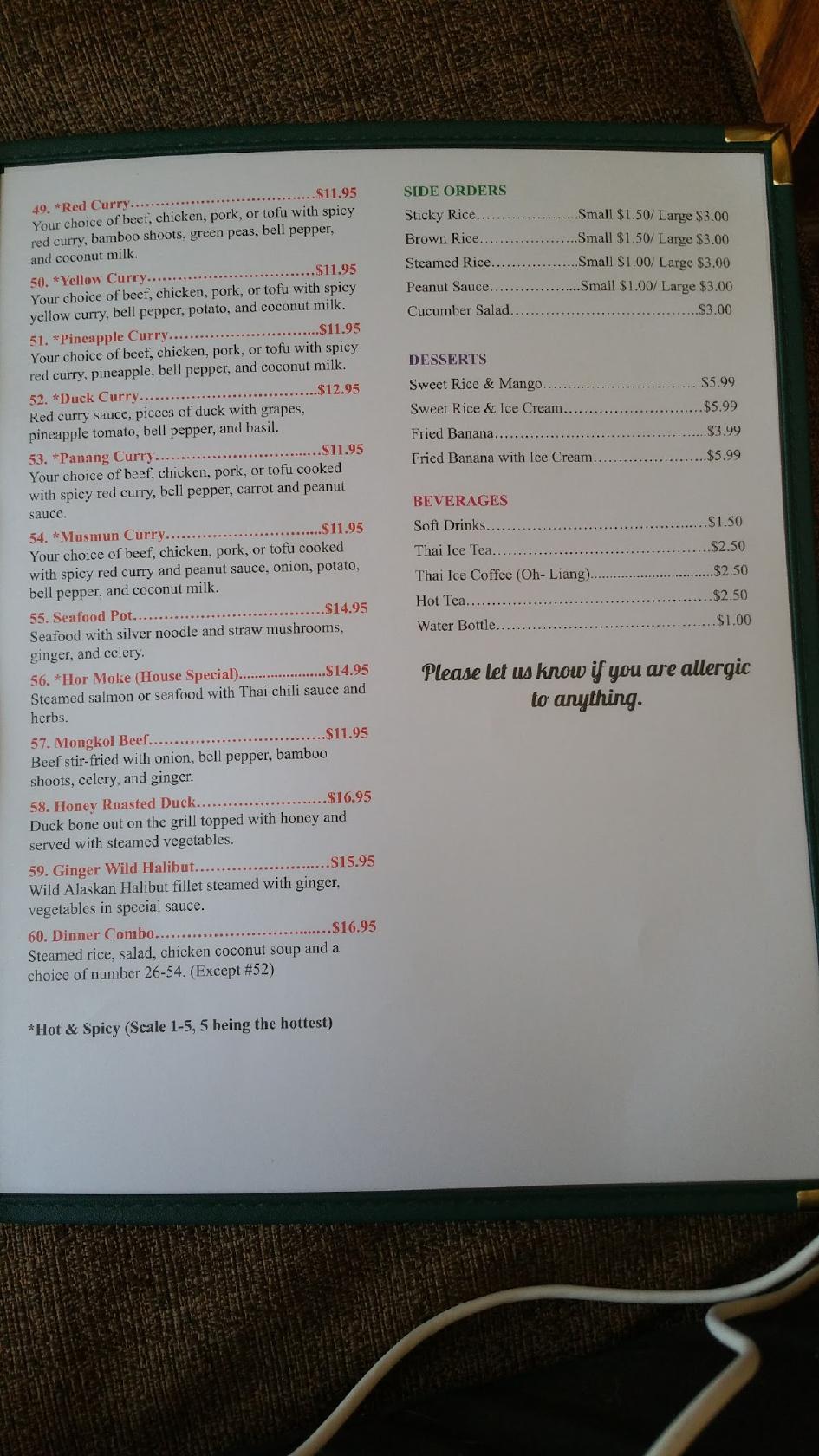 Menu at Thai Jasmine restaurant, Gardnerville
