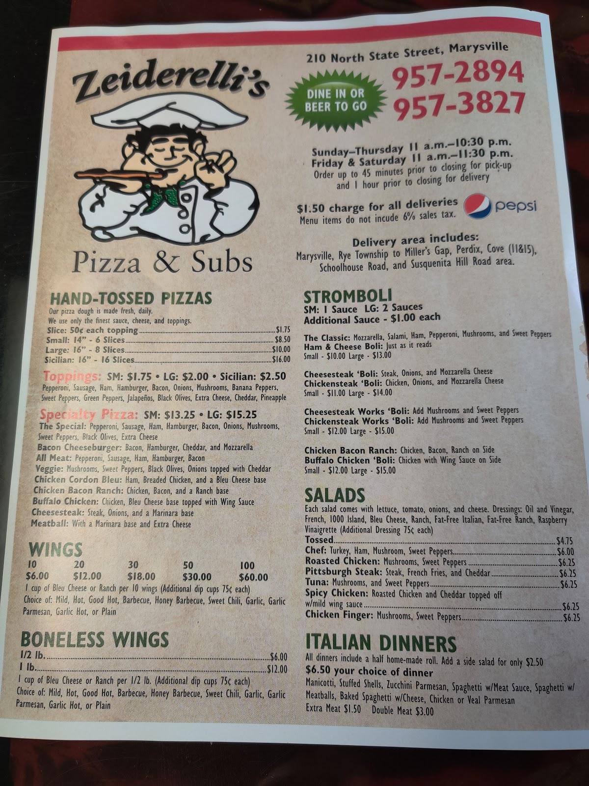 Menu at Zeiderelli's Pizza & Subs pizzeria, Marysville, 210 N State Rd