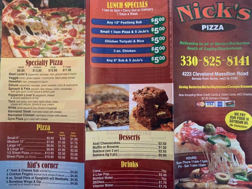 Menu at Nick's Pizza pizzeria, Norton, S Cleveland Massillon Rd