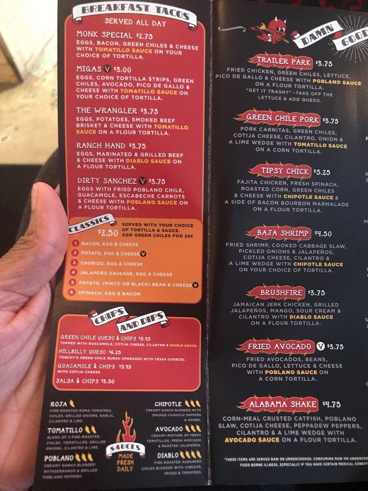 Menu at Torchy's Tacos restaurant, Houston, S Shepherd Dr