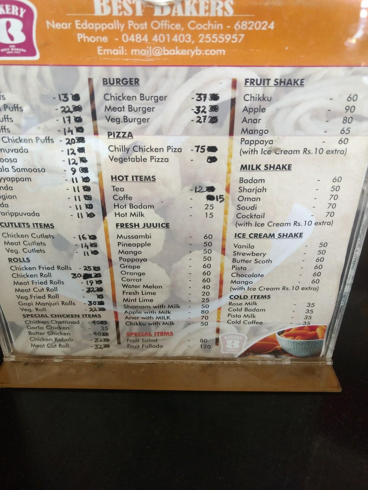 Menu at Best Bakers, Kochi, Edappally Edappally Post Office