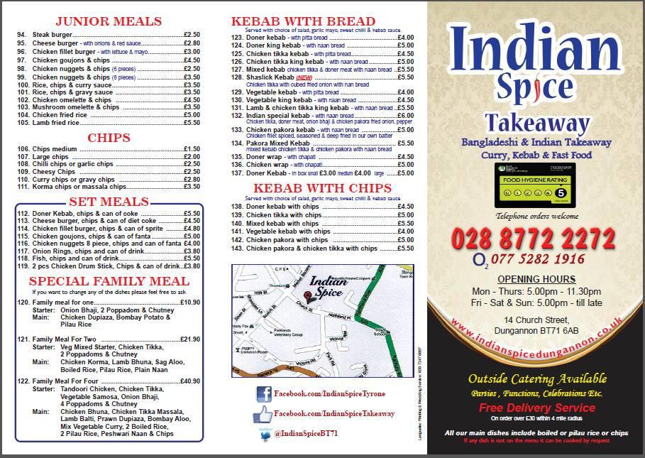 Menu at Indian Spice Takeaway Dungannon fast food, Dungannon
