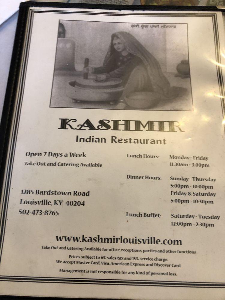 Menu at Kashmir Indian Restaurant, Louisville, Bardstown Rd