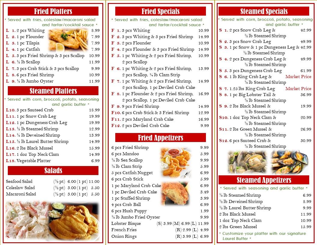 Menu at Laurel Seafood restaurant, Clementon