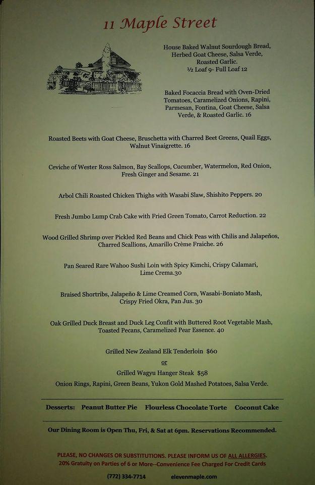 Menu at 11 Maple Street restaurant, Jensen Beach
