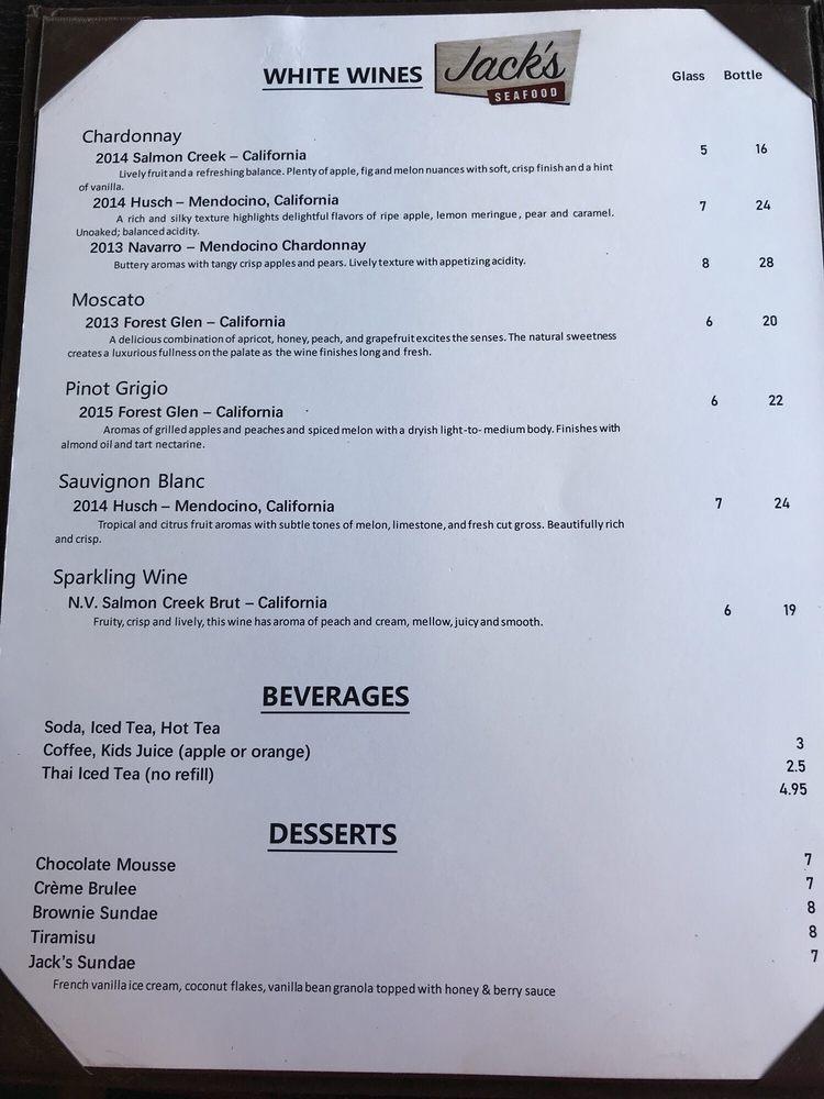 Menu at Jack's Seafood restaurant, Eureka