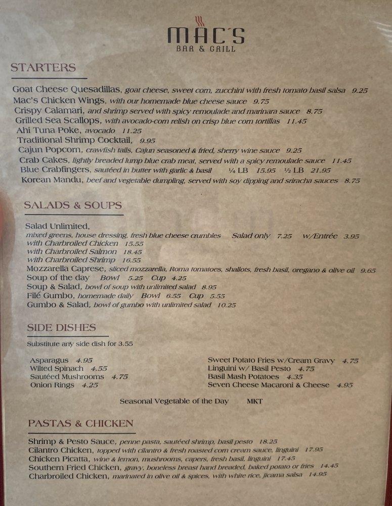 Menu at Mac's Bar & Grill, Arlington