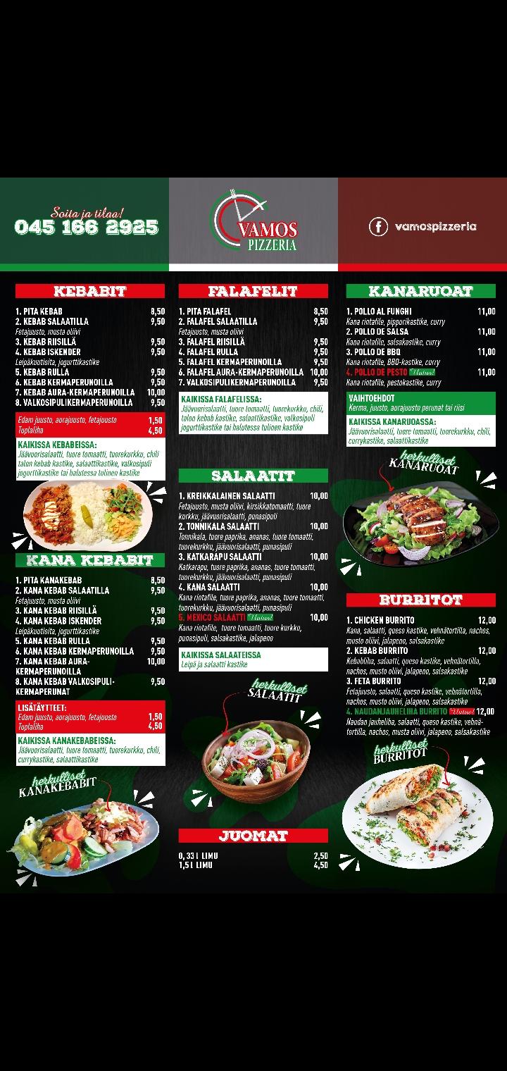 Menu at Vamos Pizzeria, Helsinki