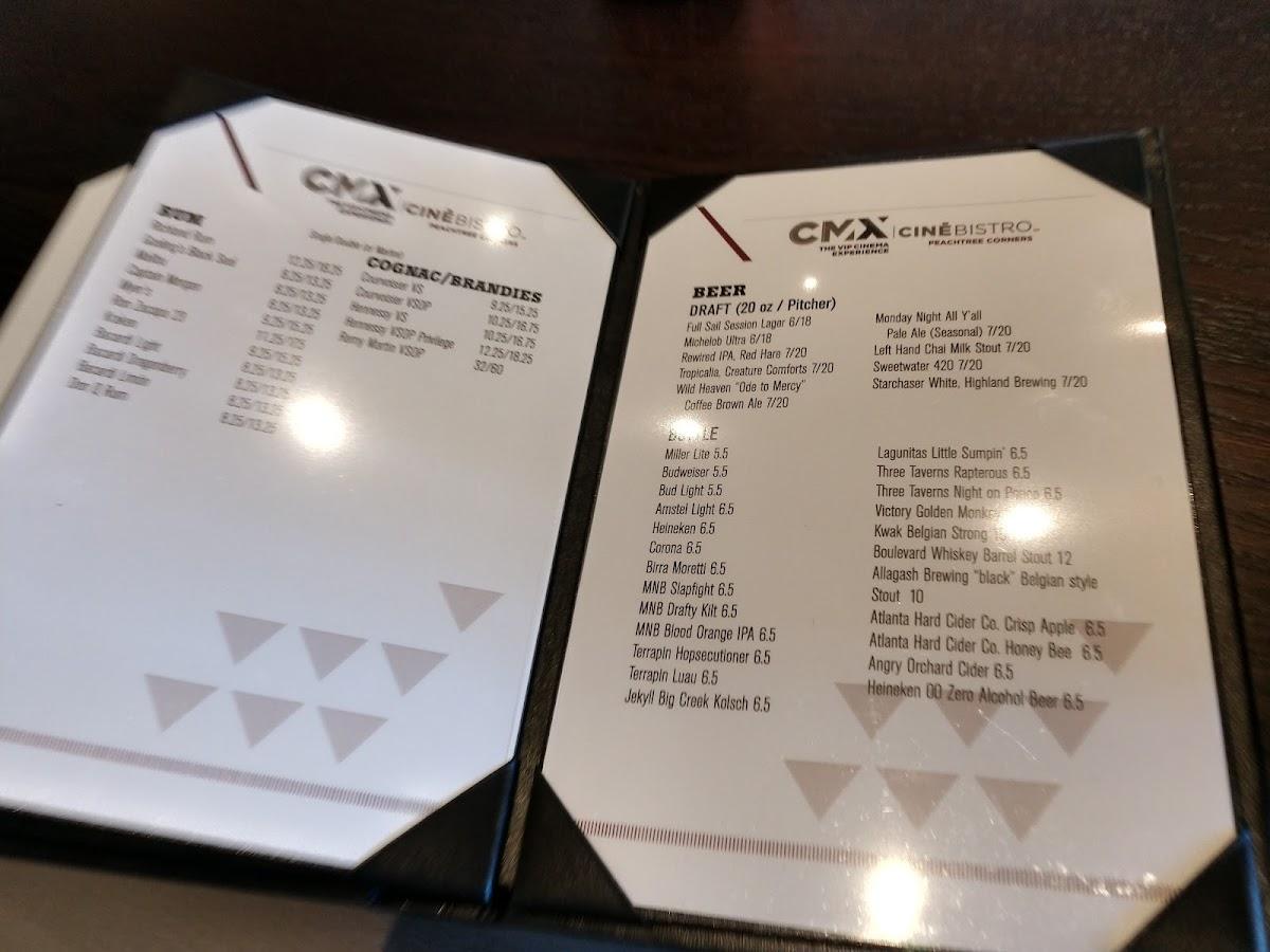 Menu at CMX CinéBistro Peachtree Corners restaurant, Peachtree Corners