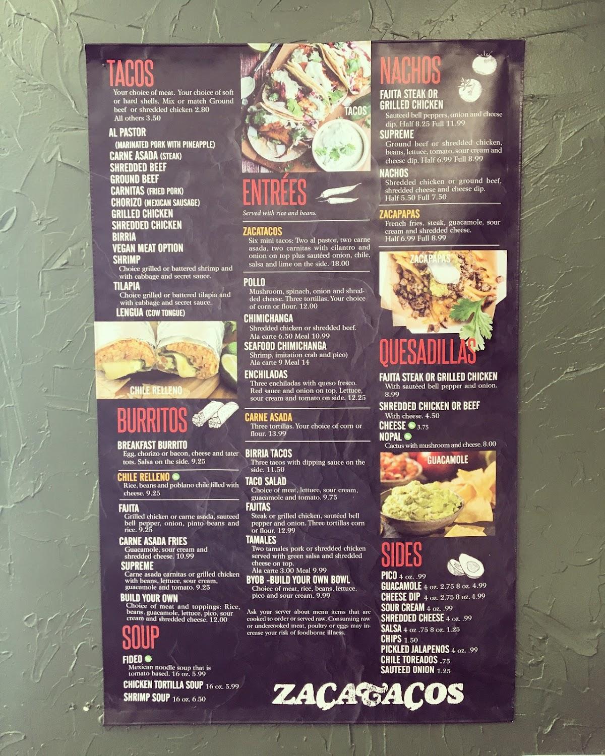 Menu at Zacatacos restaurant, Bay City