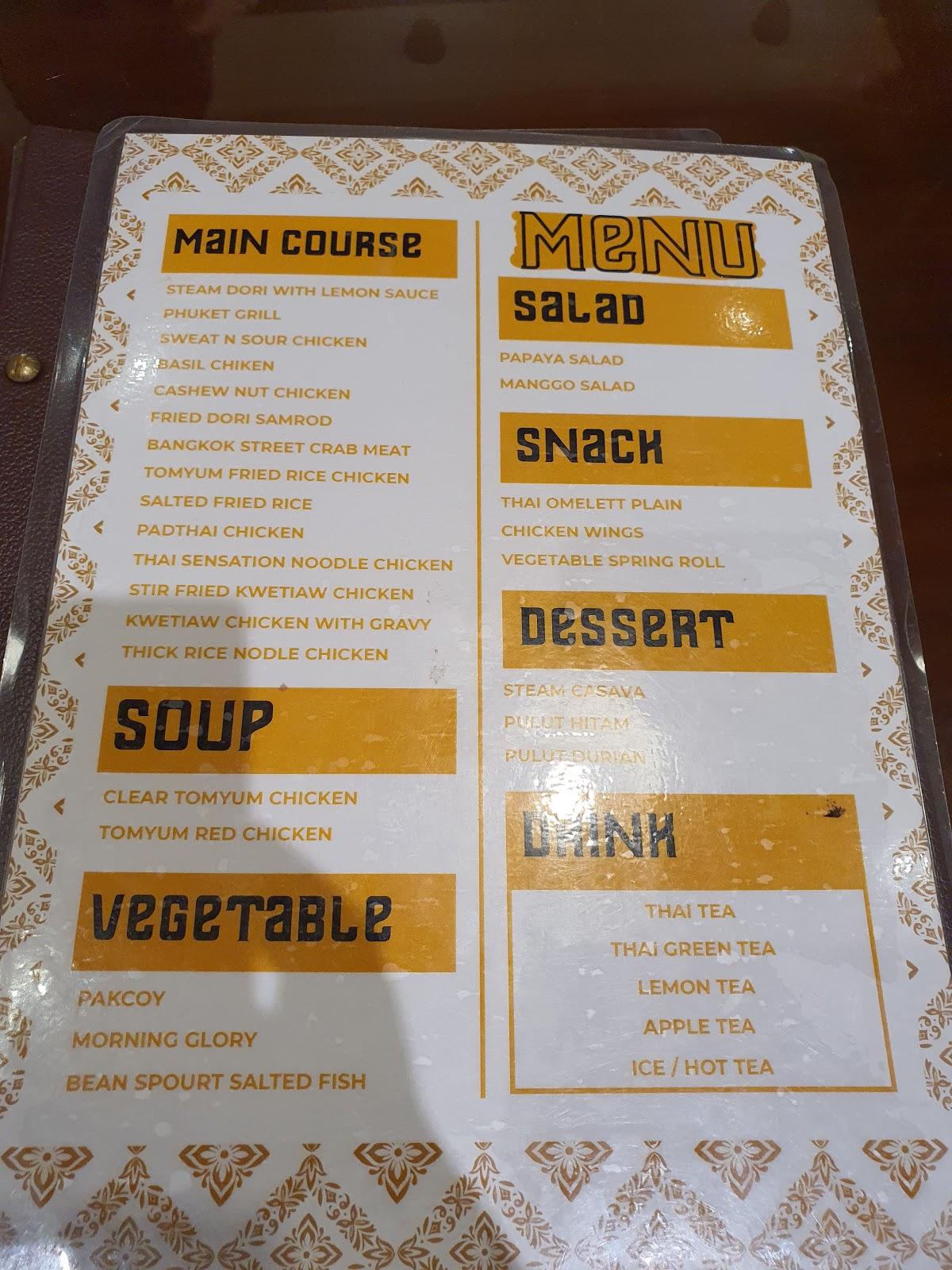 Menu at Chok Dee Thai restaurant, Medan