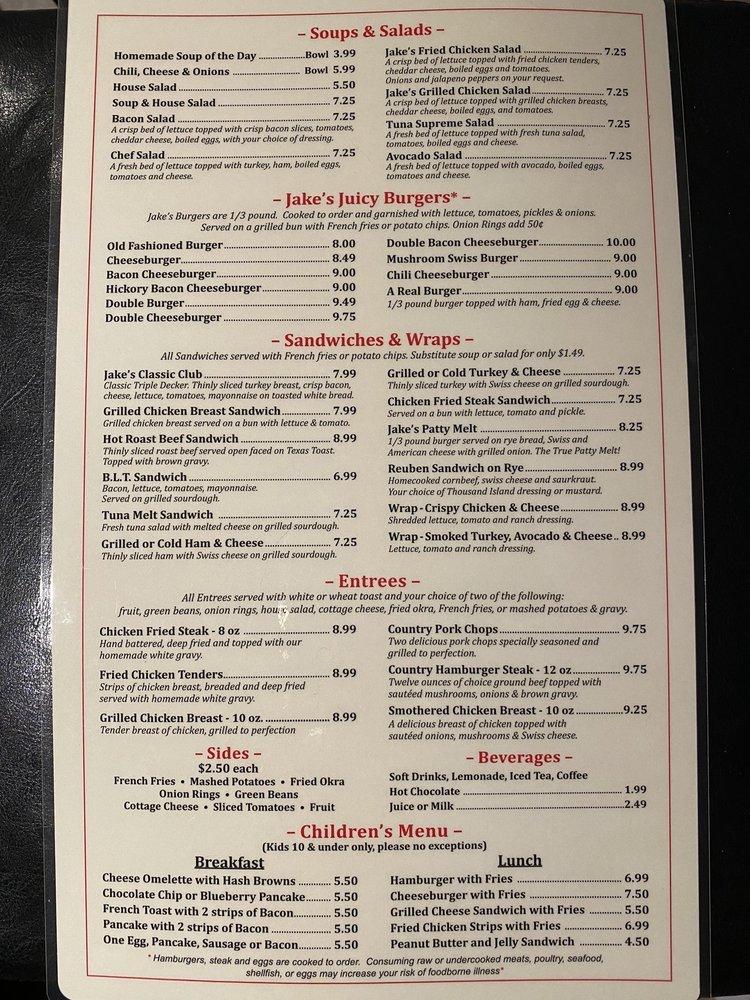 Menu at Jake's Cafe, Broken Arrow