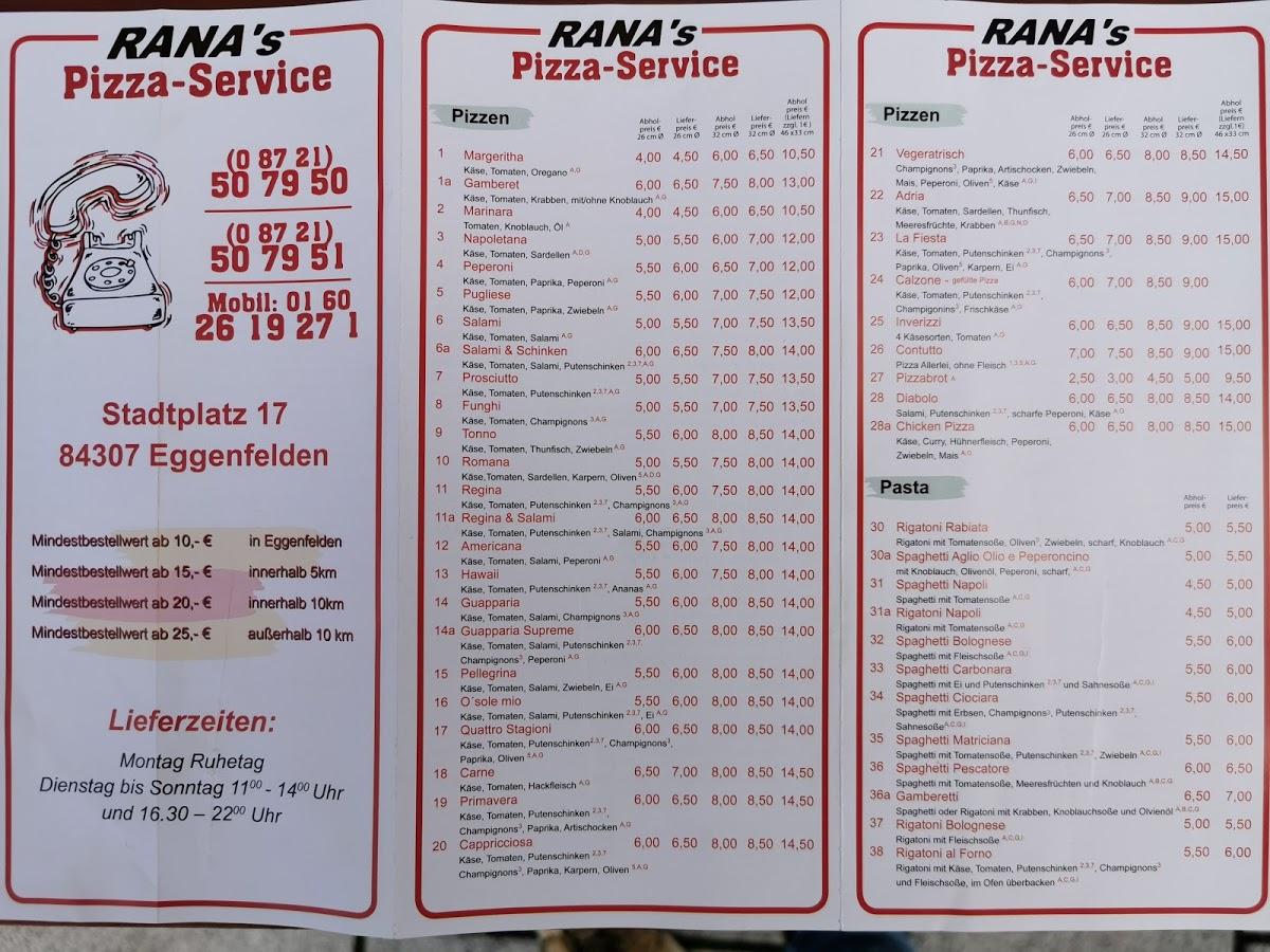 Speisekarte von Pizzaservice Rana, Eggenfelden