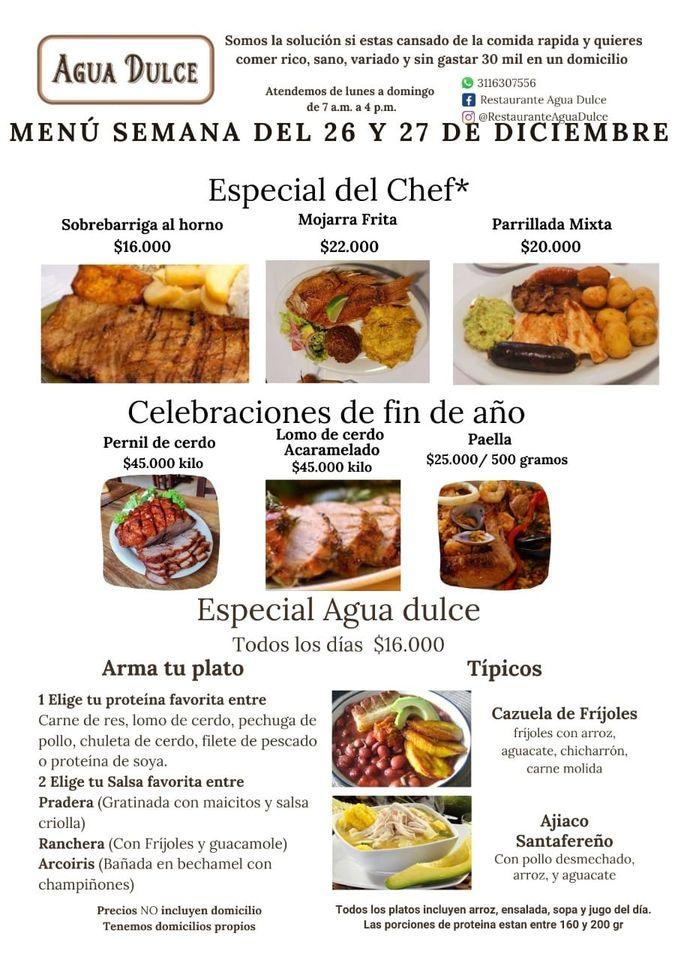 Menu at Agua Dulce restaurant, Bogotá