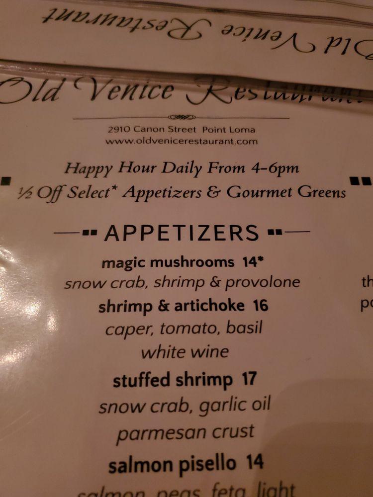Menu at Old Venice Restaurant, San Diego