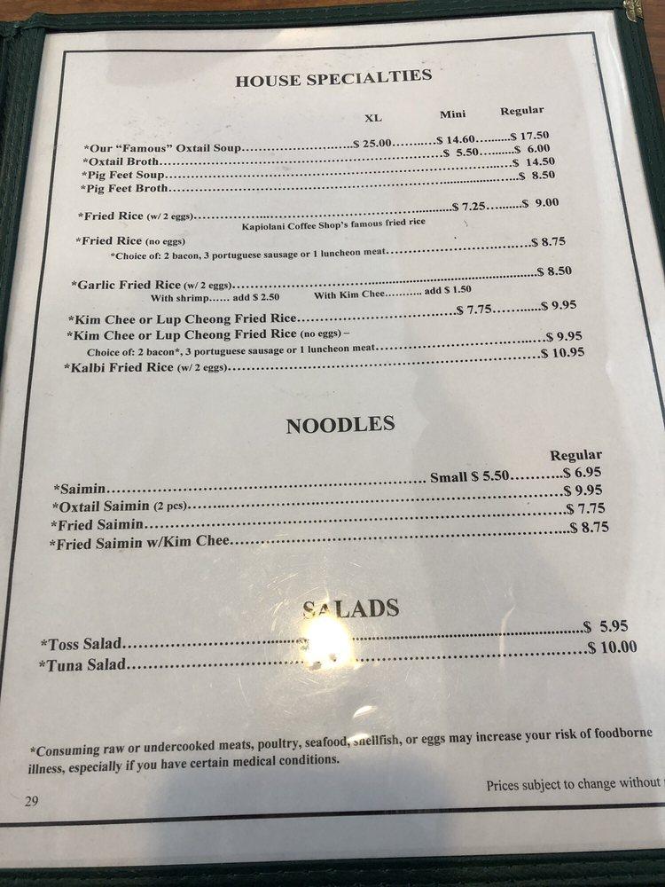 Menu at Kapiolani Coffee ShopWaimalu restaurant, Aiea, 98020