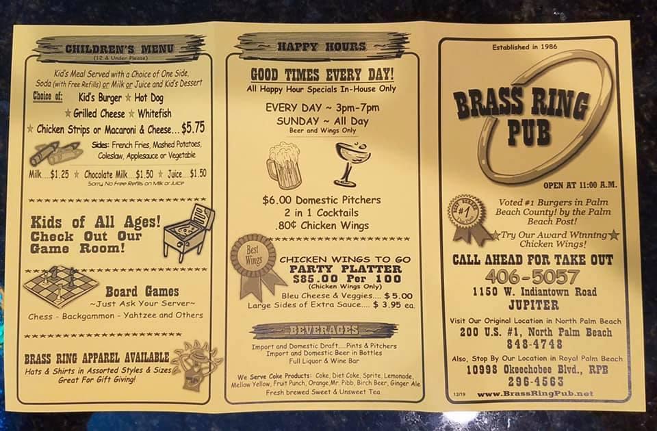 Menu at Brass Ring Pub, Jupiter