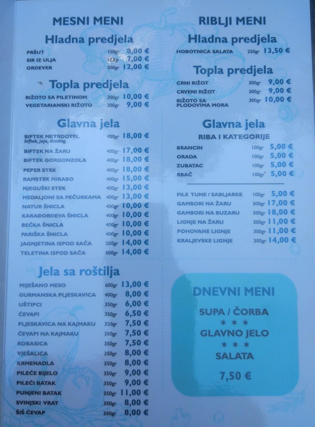 Speisekarte von Restoran Plavi Horizonti restaurant, Mrčevac