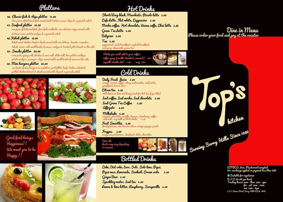 Menu at Top's Kitchen cafe, Surry Hills