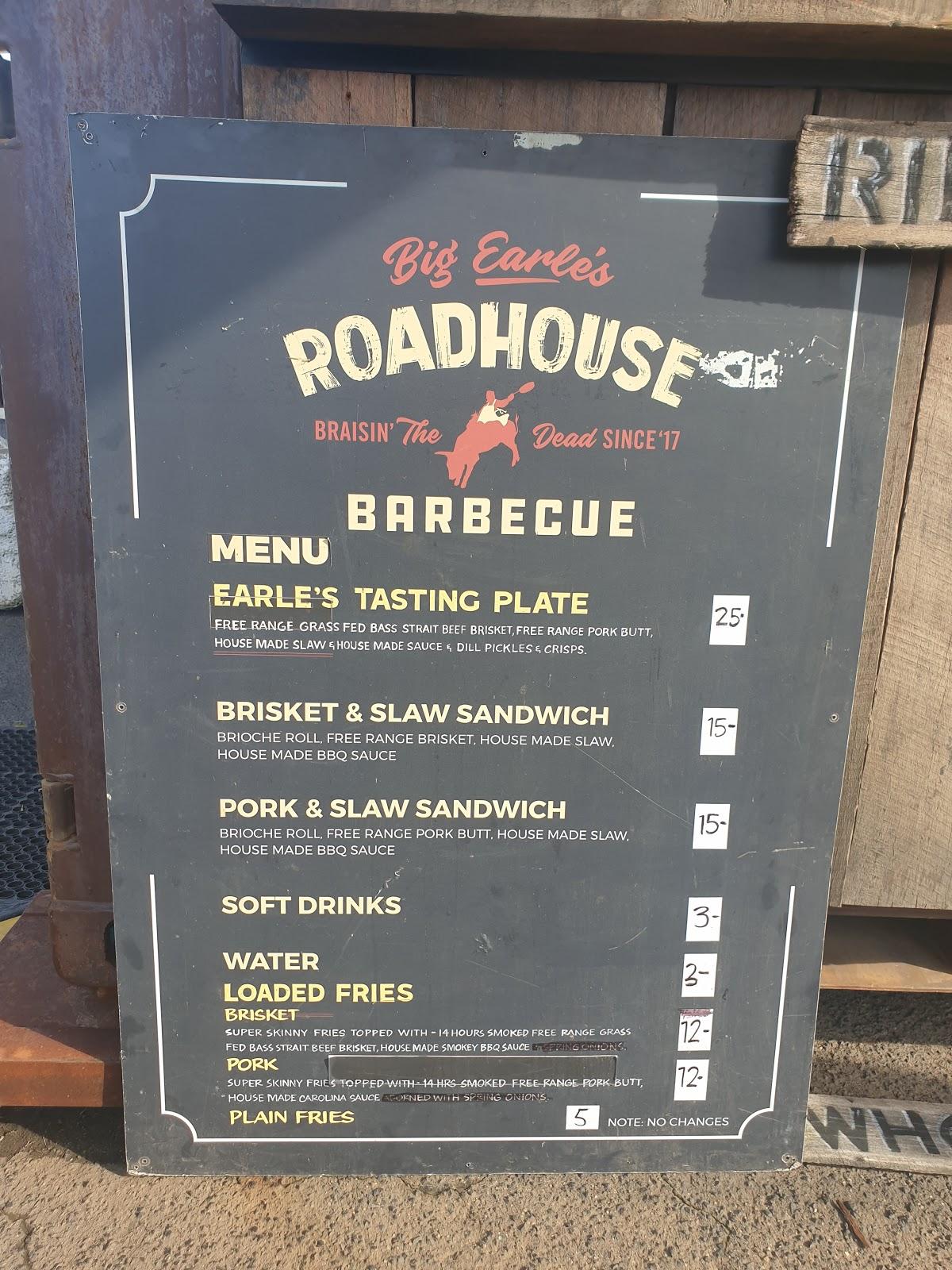 Menu at Big Earle's Roadhouse Barbecue, Port Melbourne