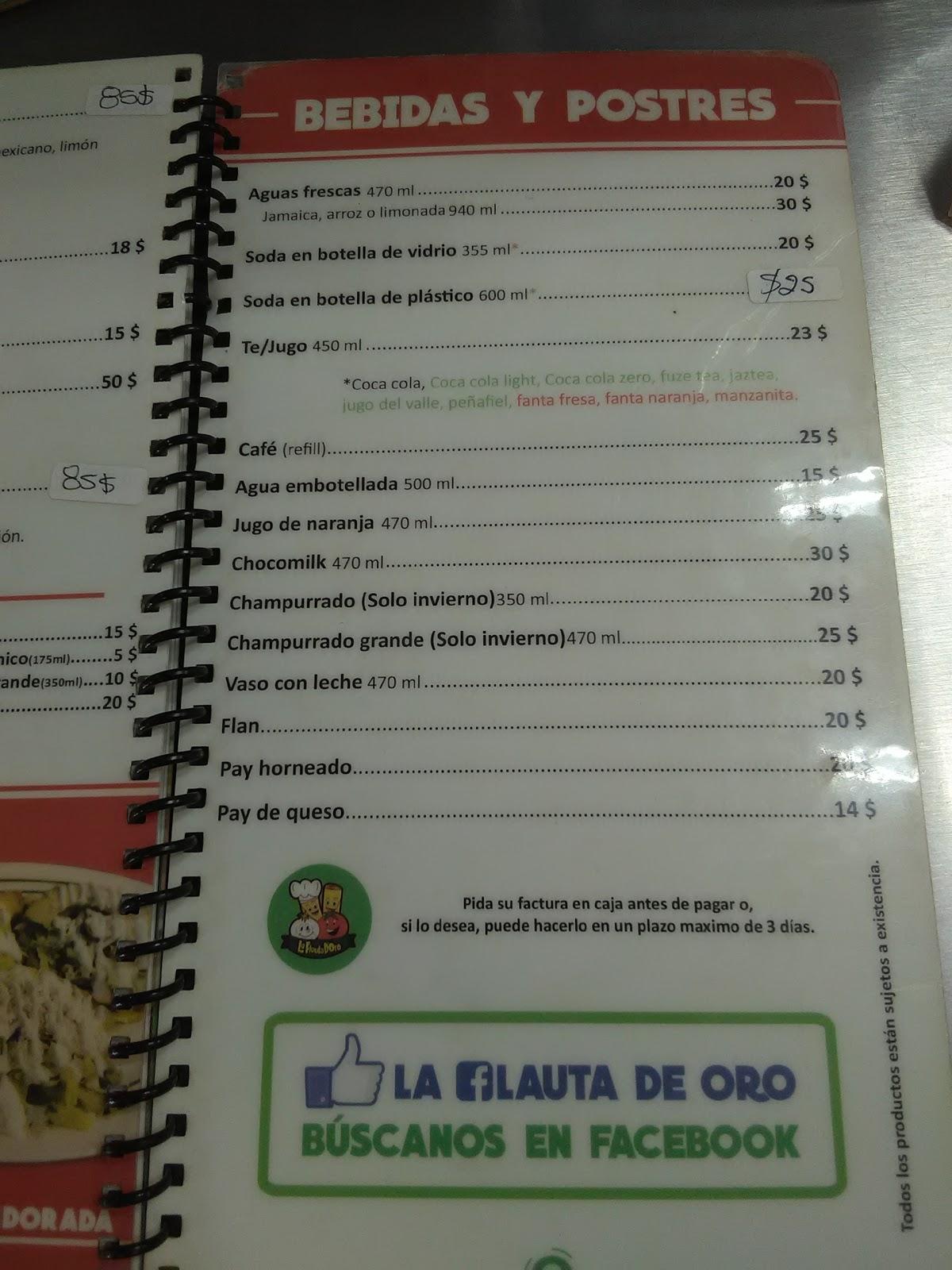 Carta de Restaurante La Flauta de Oro, Mexicali