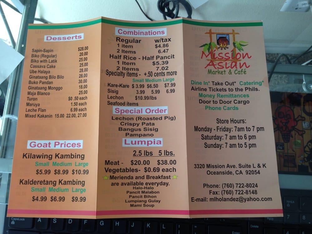 Menu at Mission Asian Market fast food, Oceanside