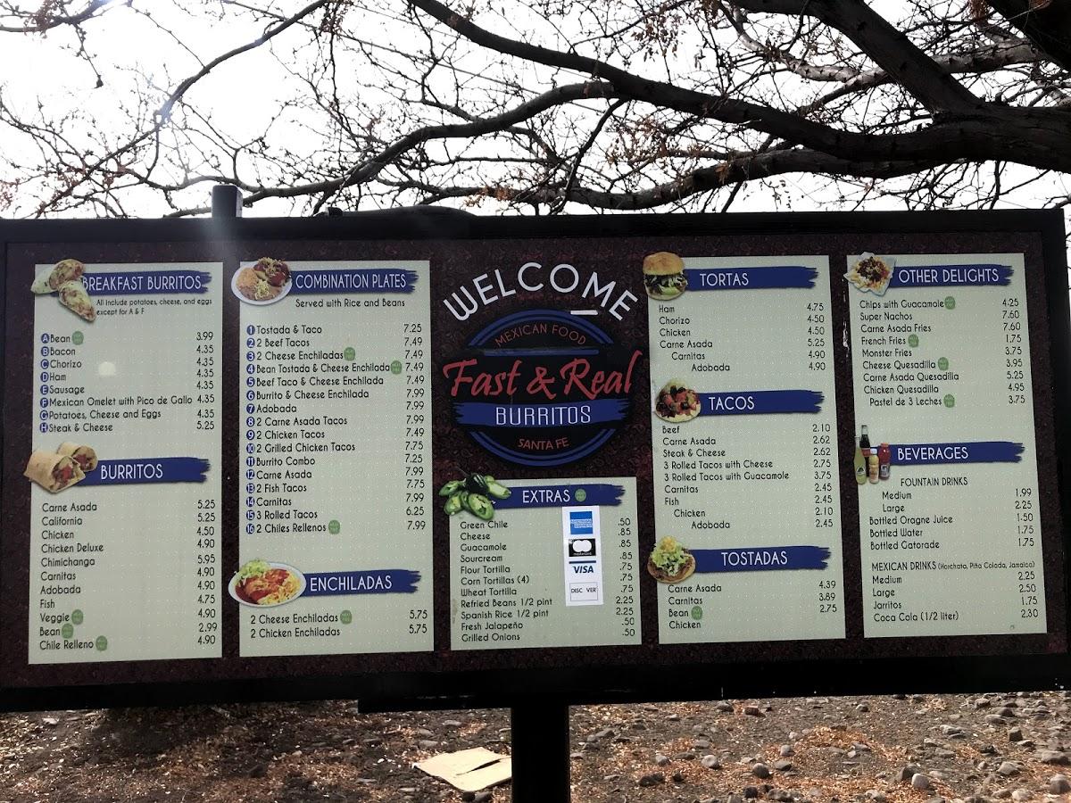 Menu at Fast & Real burritos restaurant, Santa Fe, Airport Rd